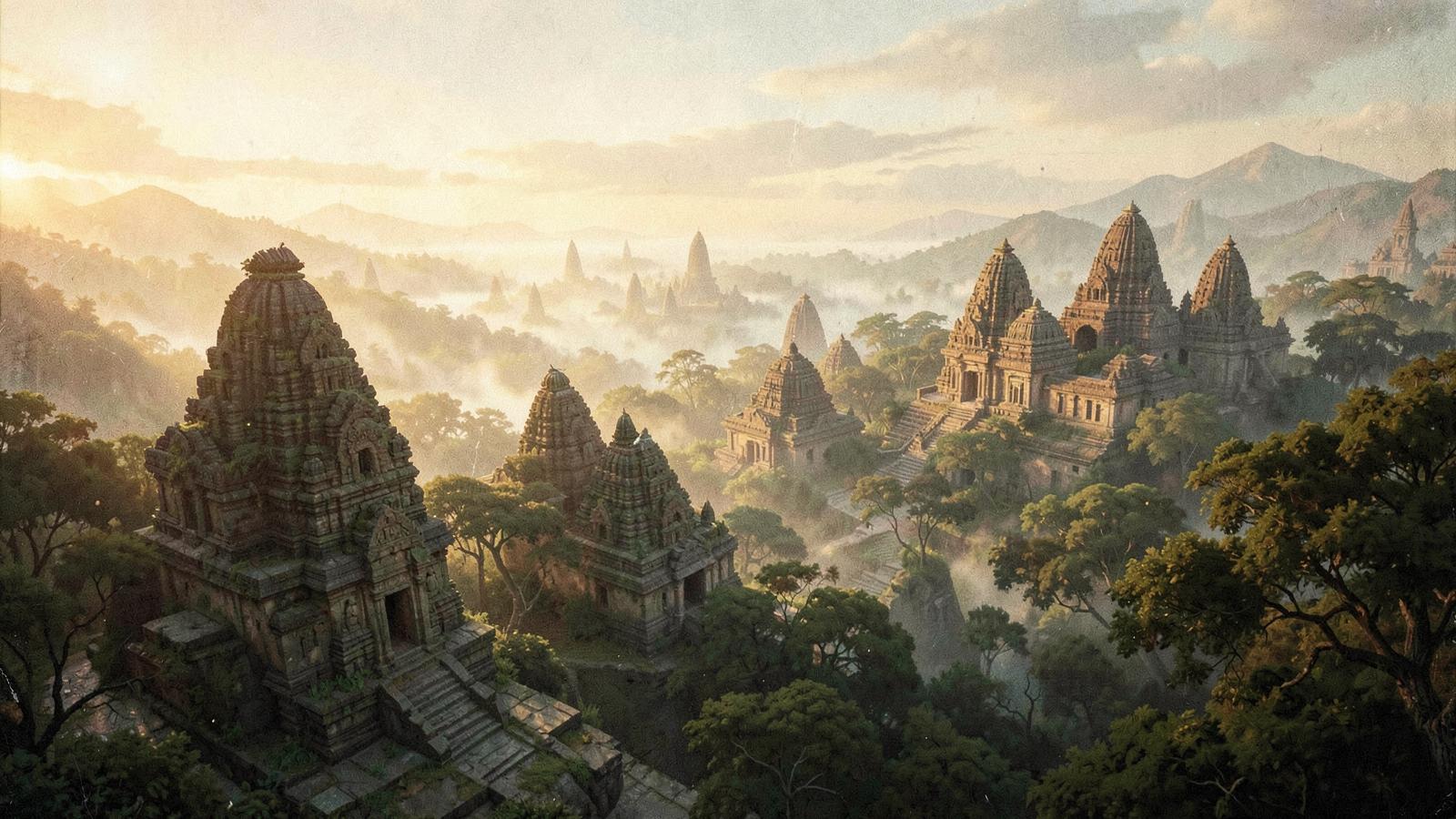 An ancient kingdom of temples in mist at golden hour