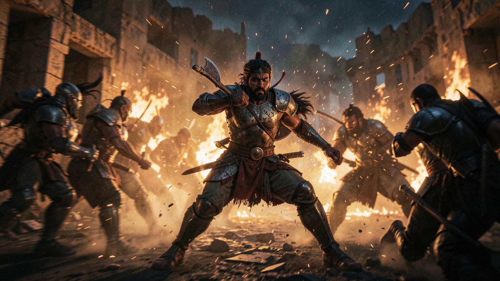 Jamadagnya fighting armored enemies amid fire