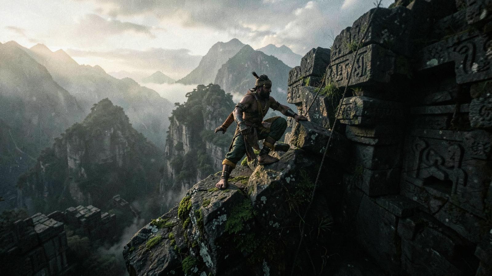 Jamadagnya climbing carved ruins in misty mountains