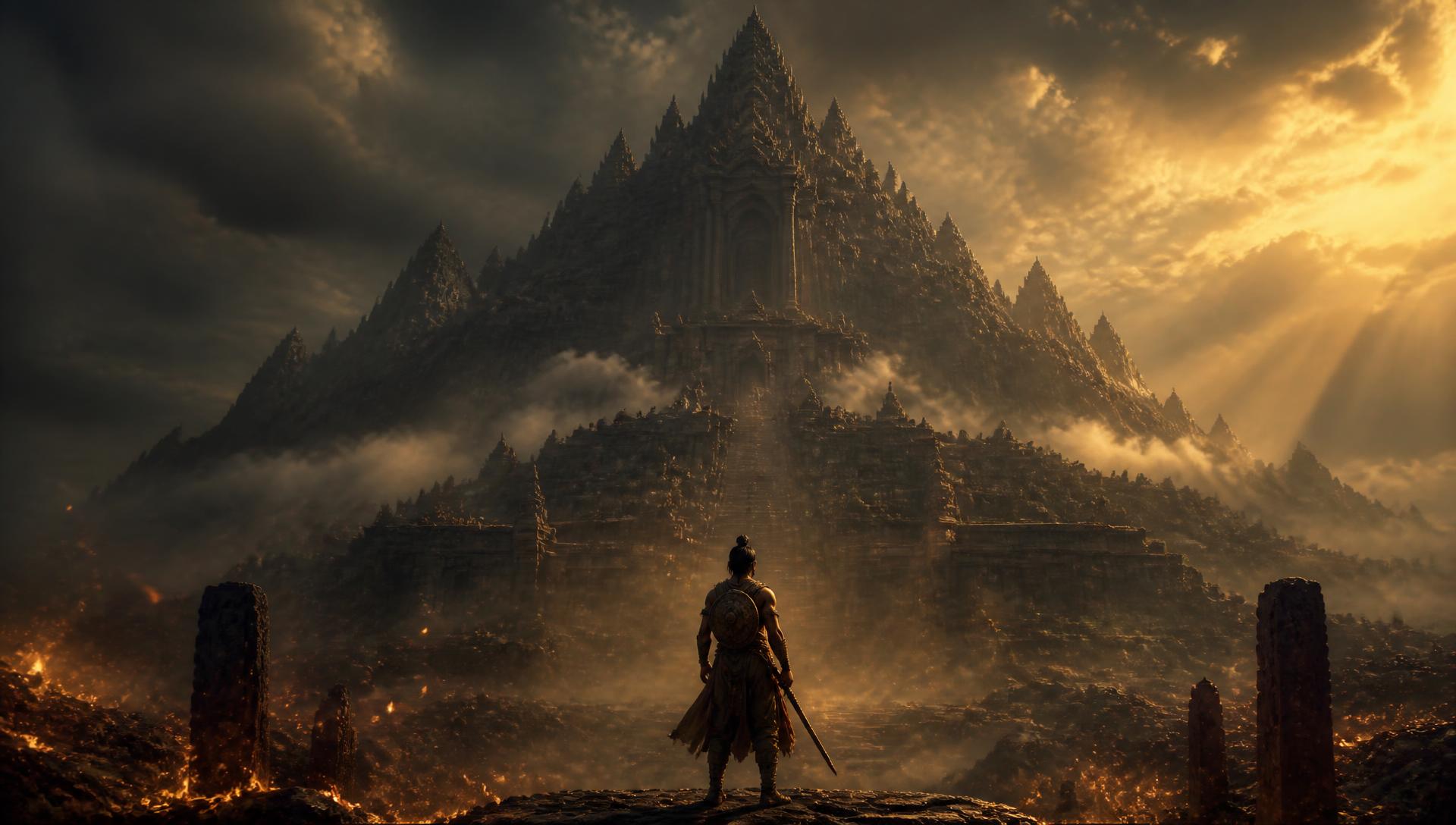 Jamadagnya before an enormous ancient temple mountain