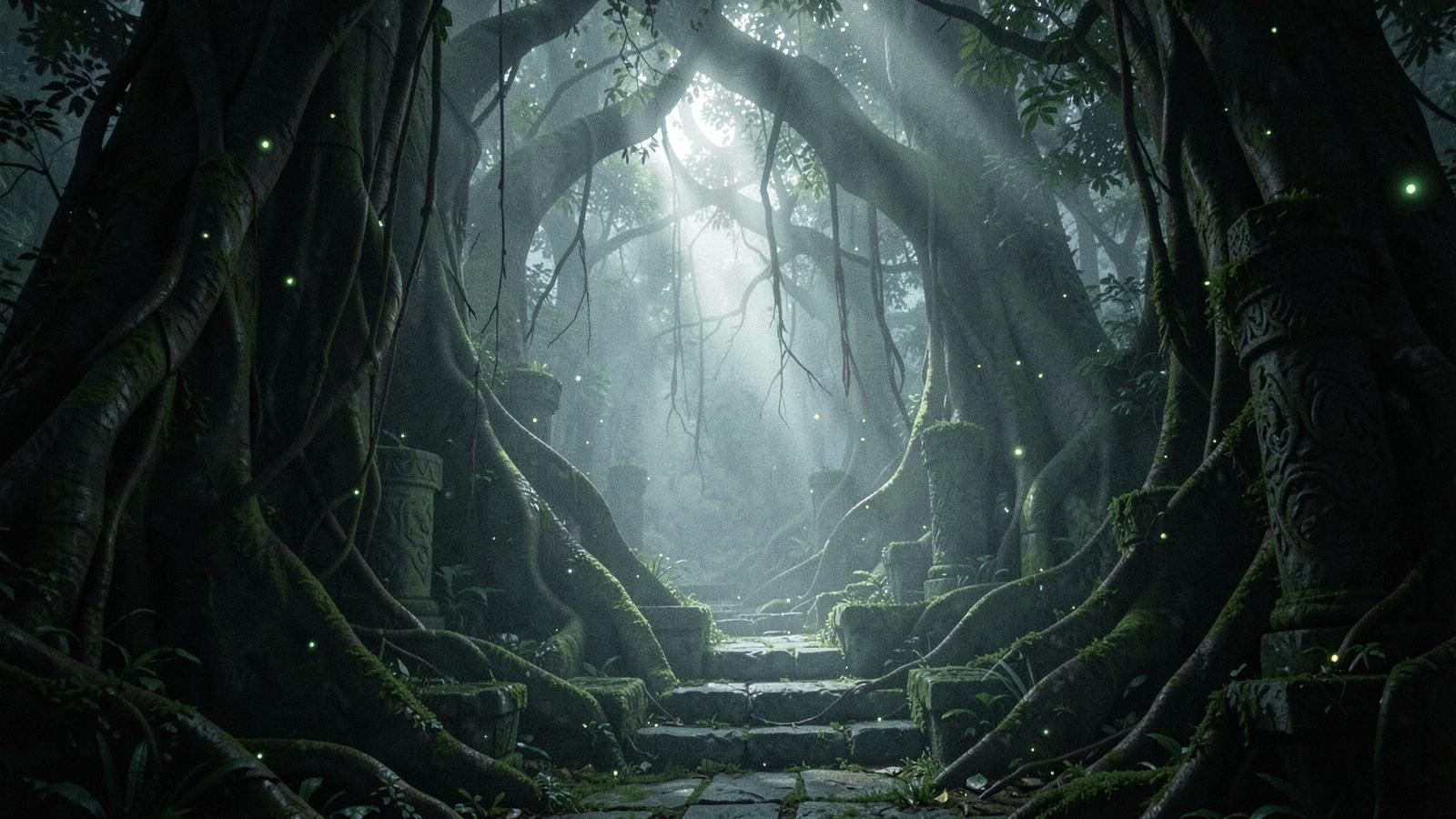 An ancient forest with carved stone pillars