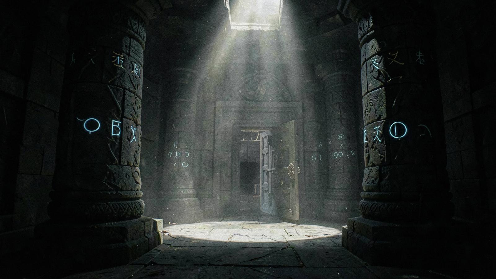 An ancient temple puzzle chamber with glowing symbols