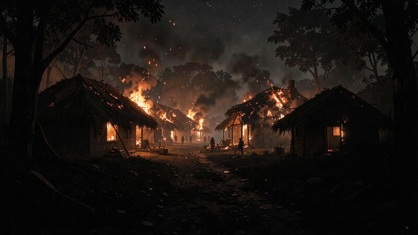 A burning village at night